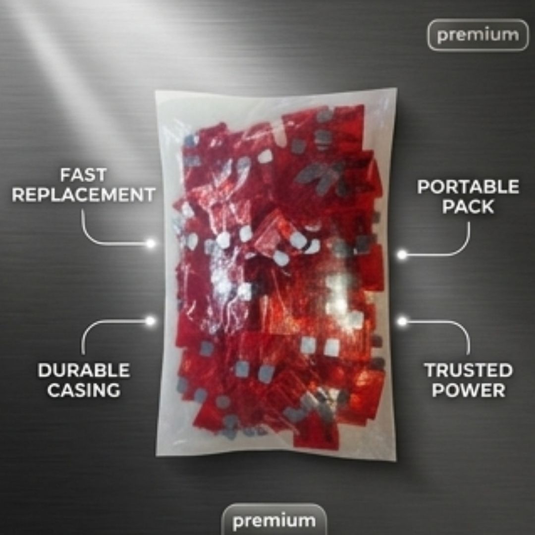 Packaged red items with features labeled on a metallic background
