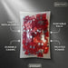 Packaged red items with features labeled on a metallic background