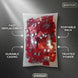 Packaged red items with features labeled on a metallic background