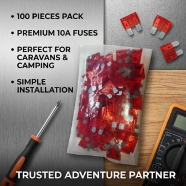 Pack of fuses with a multimeter and screwdriver on a metallic surface, labeled as a trusted adventure partner.