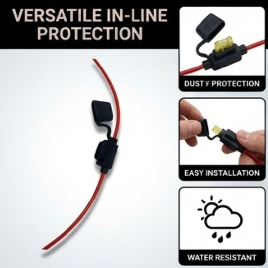 Versatile in-line protection device with red cable and black connectors on a white background.