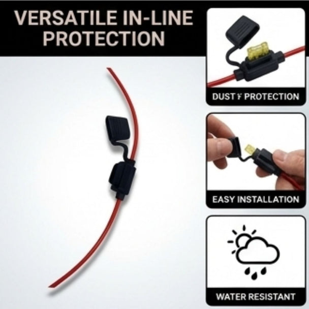 Versatile in-line protection device with red cable and black connectors on a white background.