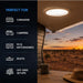 Sunset over a desert landscape with a cup and hat on a deck, featuring text indicating suitability for caravans, campers, RVs, motorhomes, boats, and off-grid setups.
