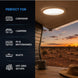 Sunset over a desert landscape with a cup and hat on a deck, featuring text indicating suitability for caravans, campers, RVs, motorhomes, boats, and off-grid setups.