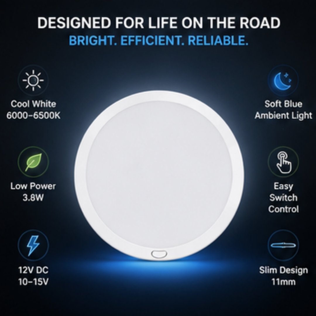 Round light fixture with features listed on a dark background