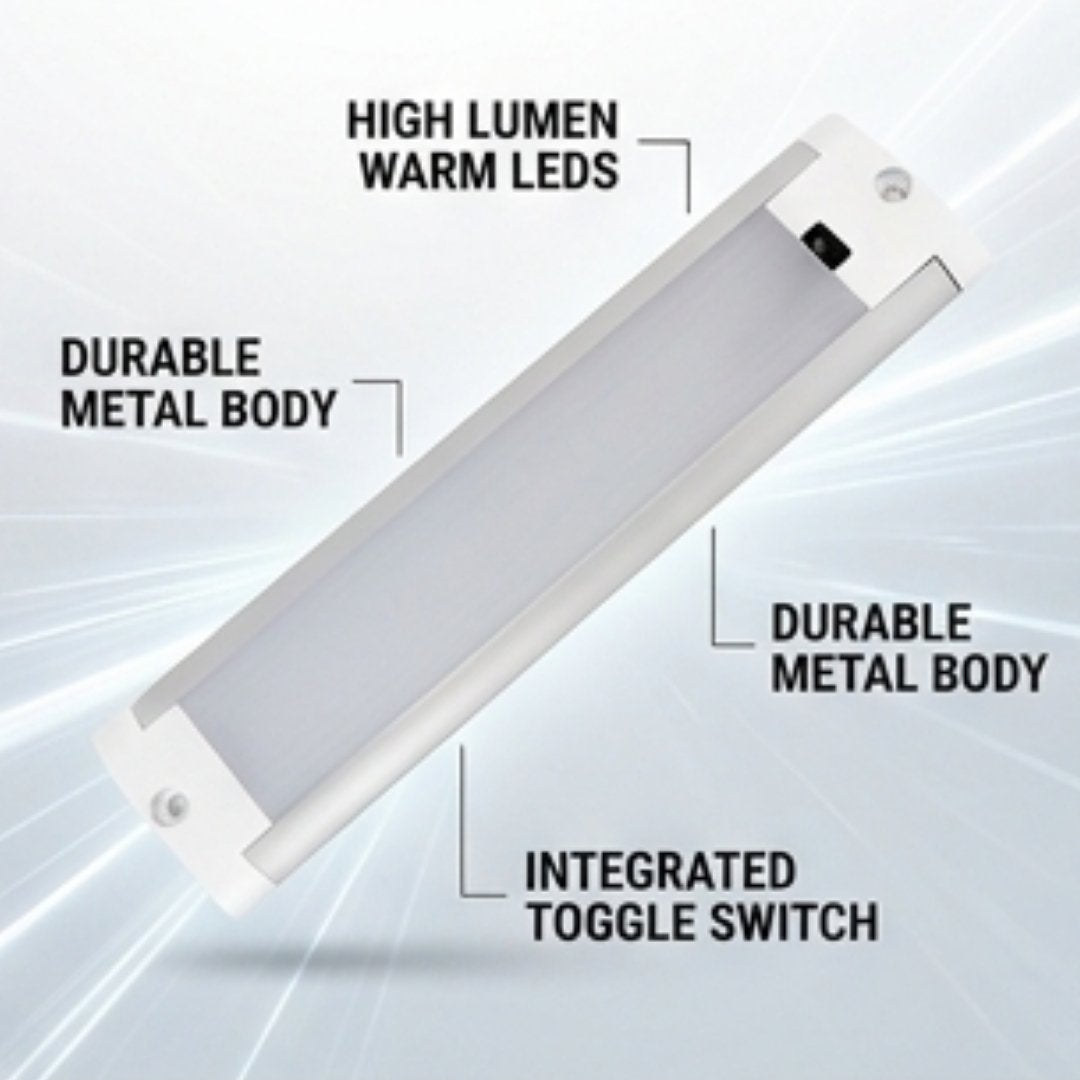 12V Cool White LED Sensor Bar Light 220mm Silver/White showing specification