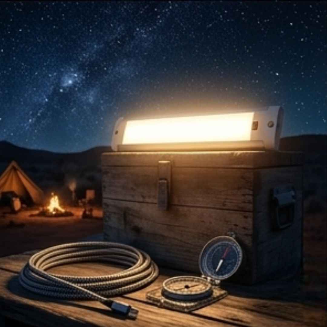 12V Cool White LED Sensor Bar Light 220mm Silver/White showing outside camping set up