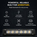 LED light bar with features listed on a black background