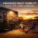 Two people sitting in front of an RV at sunset with text about enhanced night visibility and safe, off-grid camping.
