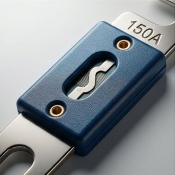 Blue plastic cover on a metal blade with '150A' marking on a gray background