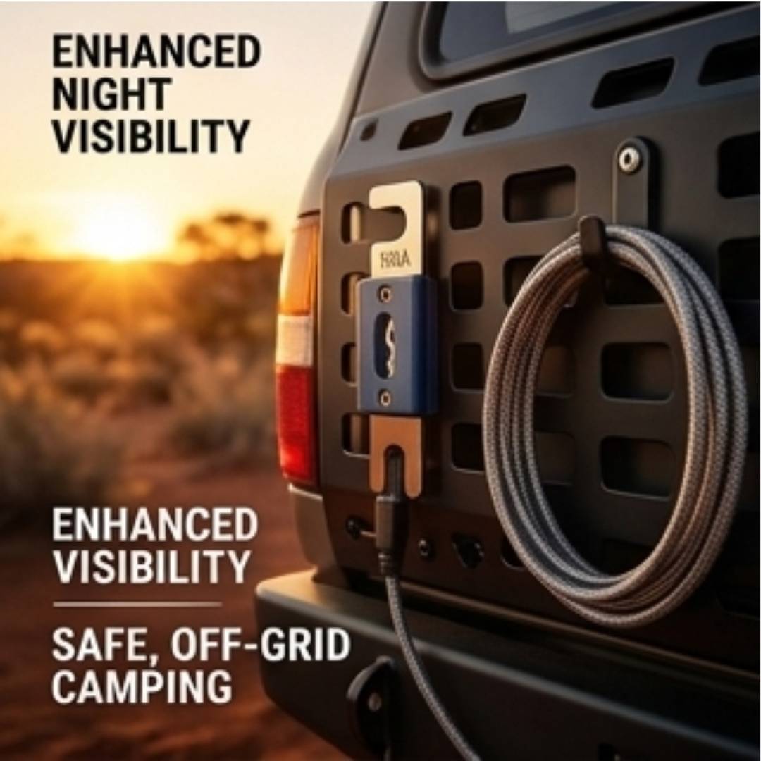 Back of a vehicle with a power adapter and cable, set against a desert sunset, emphasizing enhanced night visibility and safe off-grid camping.