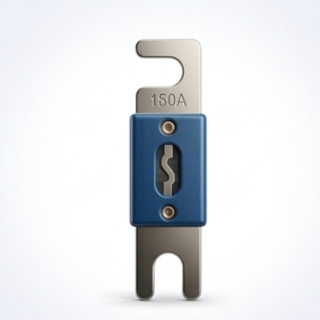 Blue and silver automotive fuse on a white background