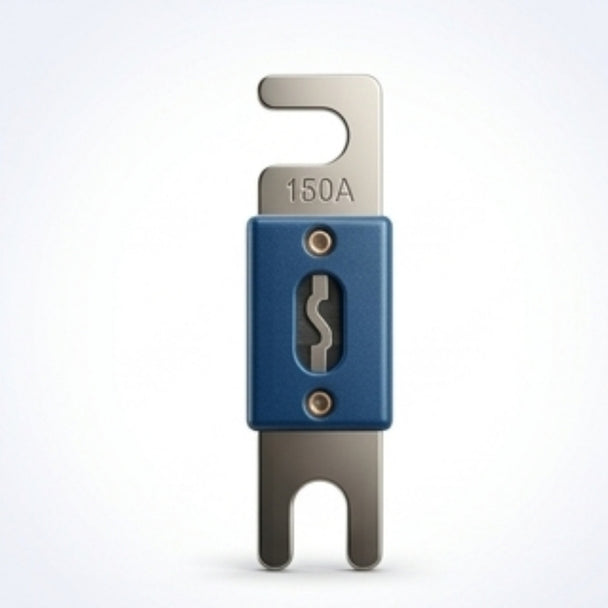 Blue and silver automotive fuse on a white background