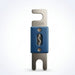 Blue and silver automotive fuse on a white background