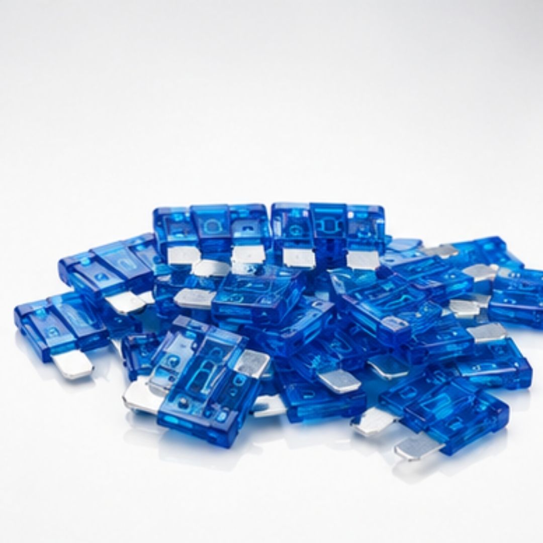 Pile of blue automotive fuses on a white background