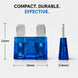 Blue tool with measurements on a white background