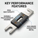 Fuse with labeled key performance features on a white background