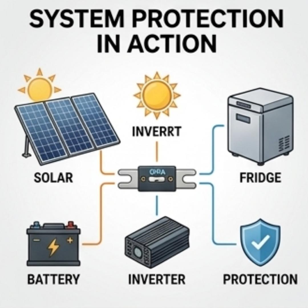 Diagram of system protection in action with solar panels, battery, inverter, and fridge.