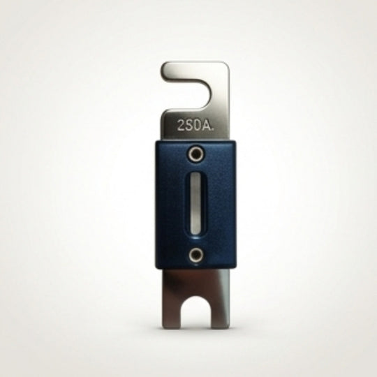 Blue and silver electrical fuse on a white background