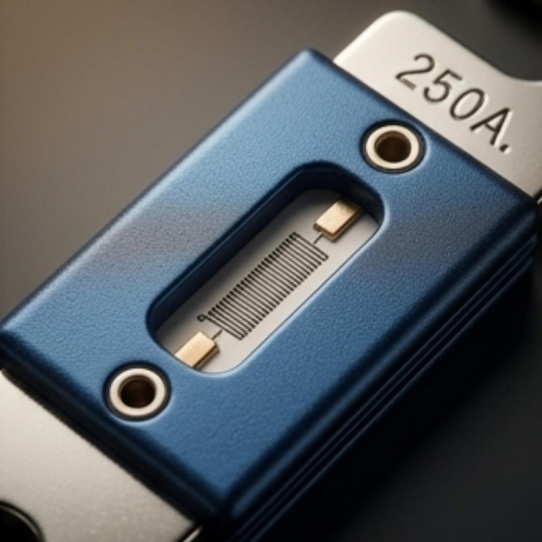 Close-up of a blue electronic component with '250A.' marking on a dark background