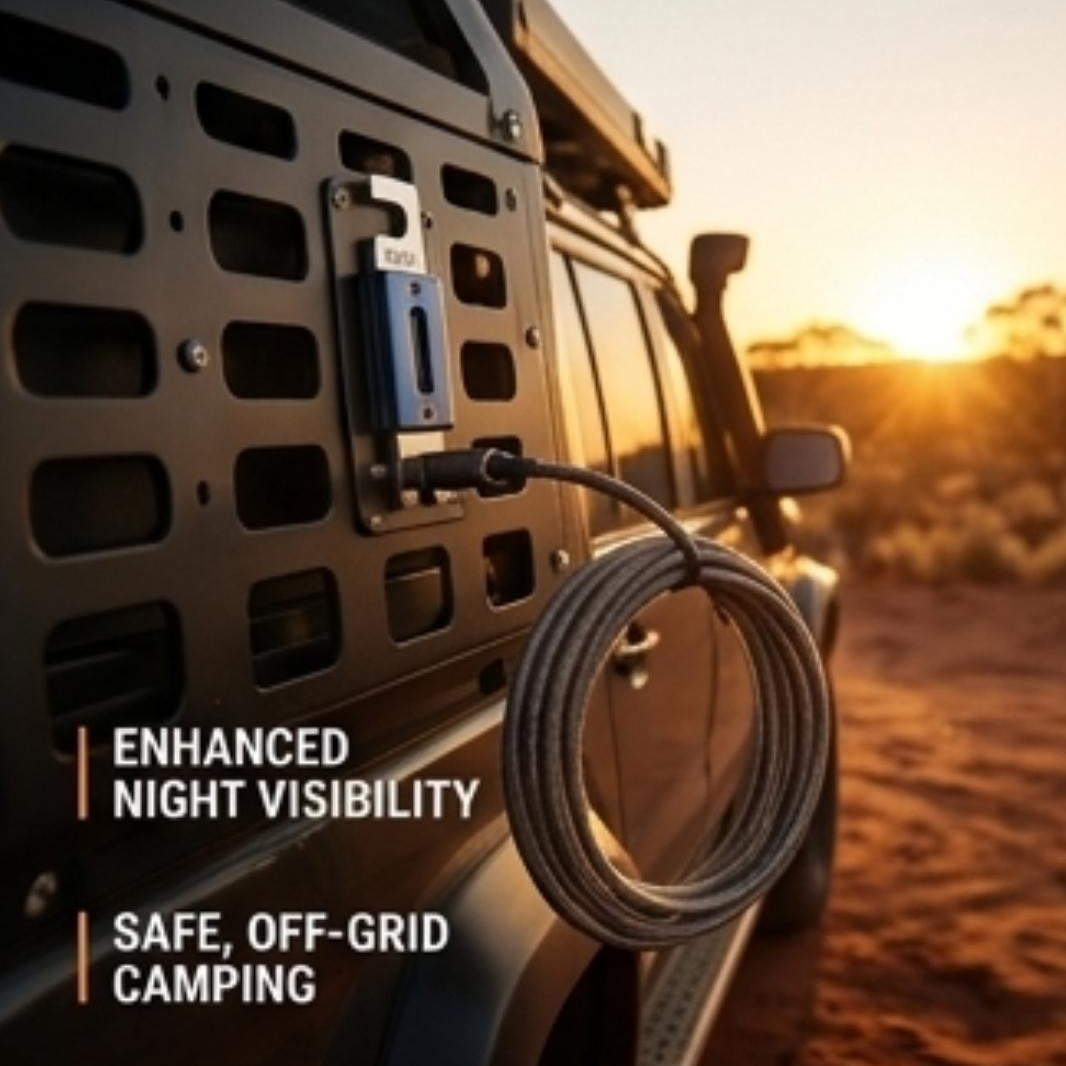 Coiled cable attached to a vehicle in a desert setting with text about enhanced night visibility and safe, off-grid camping.