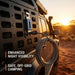 Coiled cable attached to a vehicle in a desert setting with text about enhanced night visibility and safe, off-grid camping.