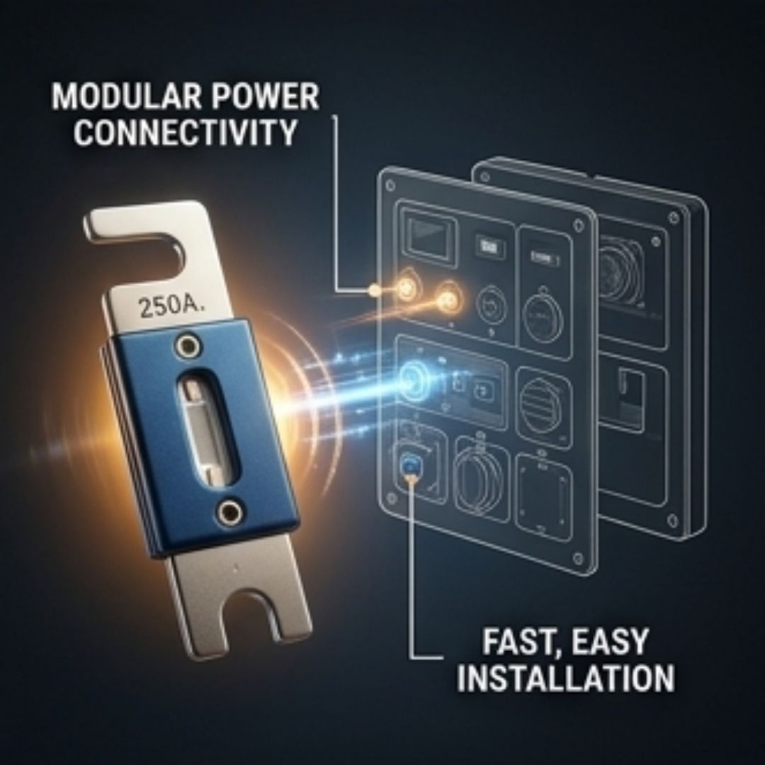 Modular power connector with text on a dark background