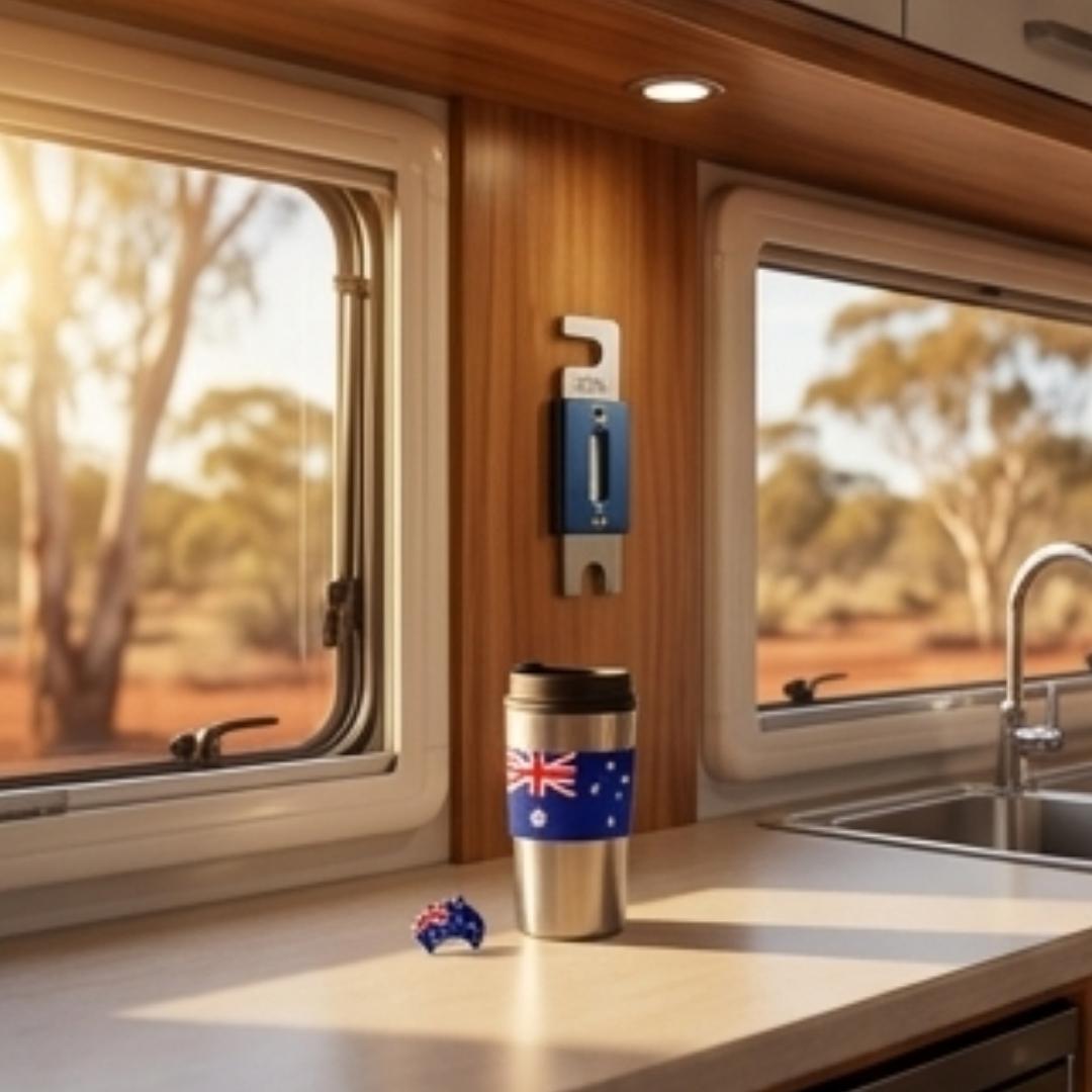 Cup with Australian flag design on a kitchen counter inside a vehicle with a window view of a desert landscape.