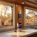 Cup with Australian flag design on a kitchen counter inside a vehicle with a window view of a desert landscape.