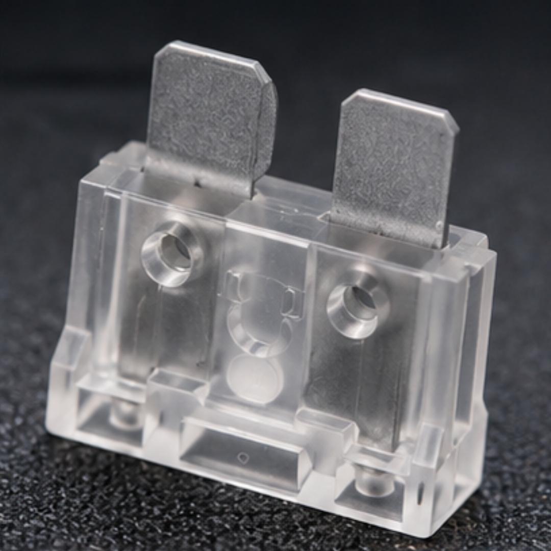 Clear plastic electrical component with metal contacts on a dark background