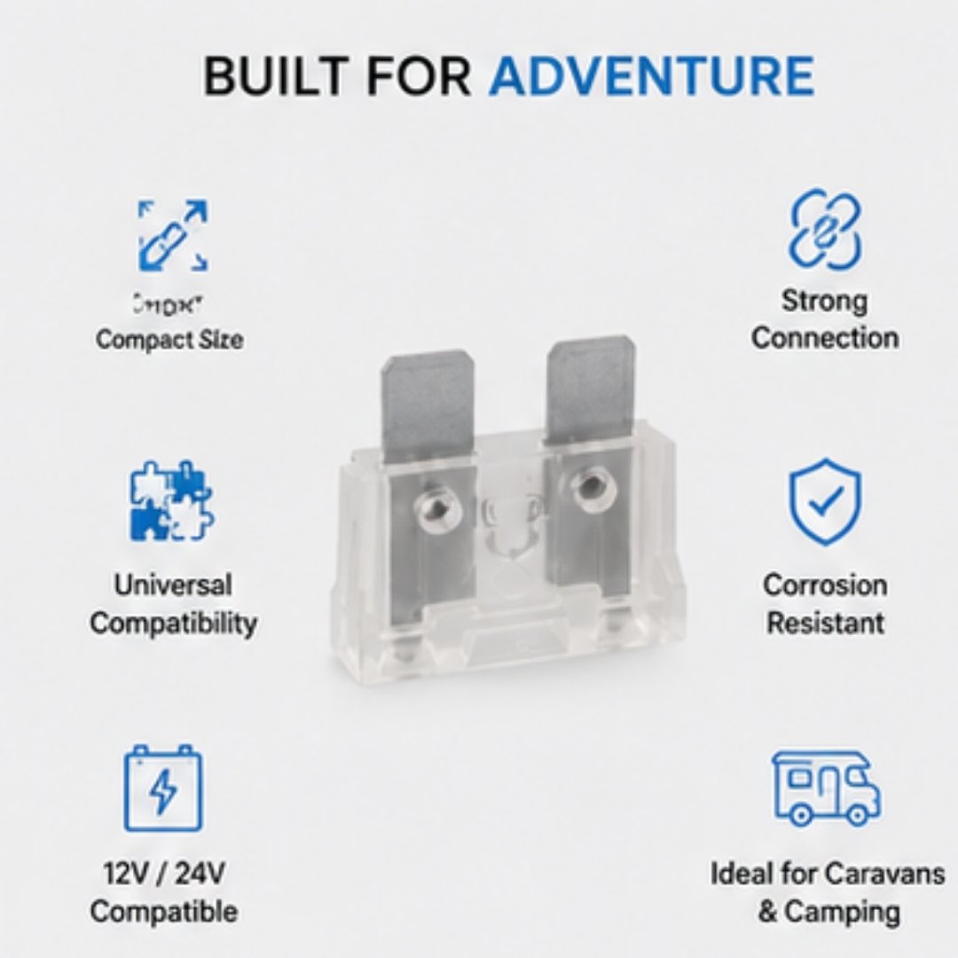 Electrical fuse holder with features listed on a white background