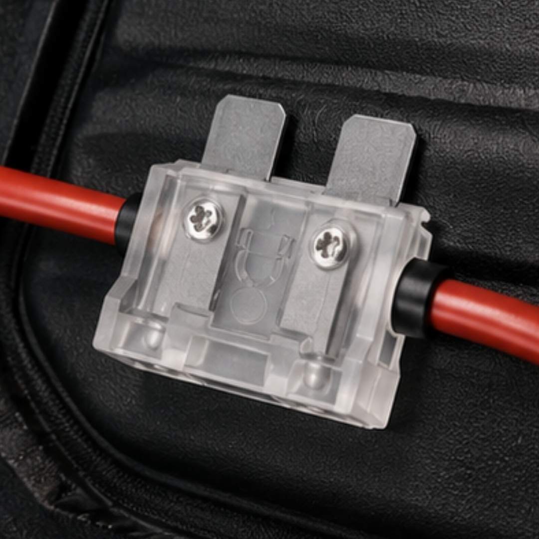 Electrical connector with red and black wires on a black background