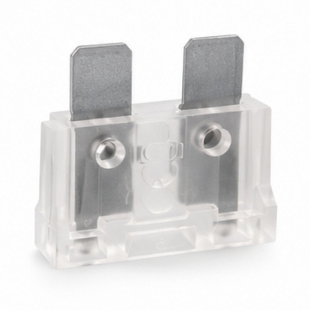 Clear plastic housing with metallic contacts on a white background
