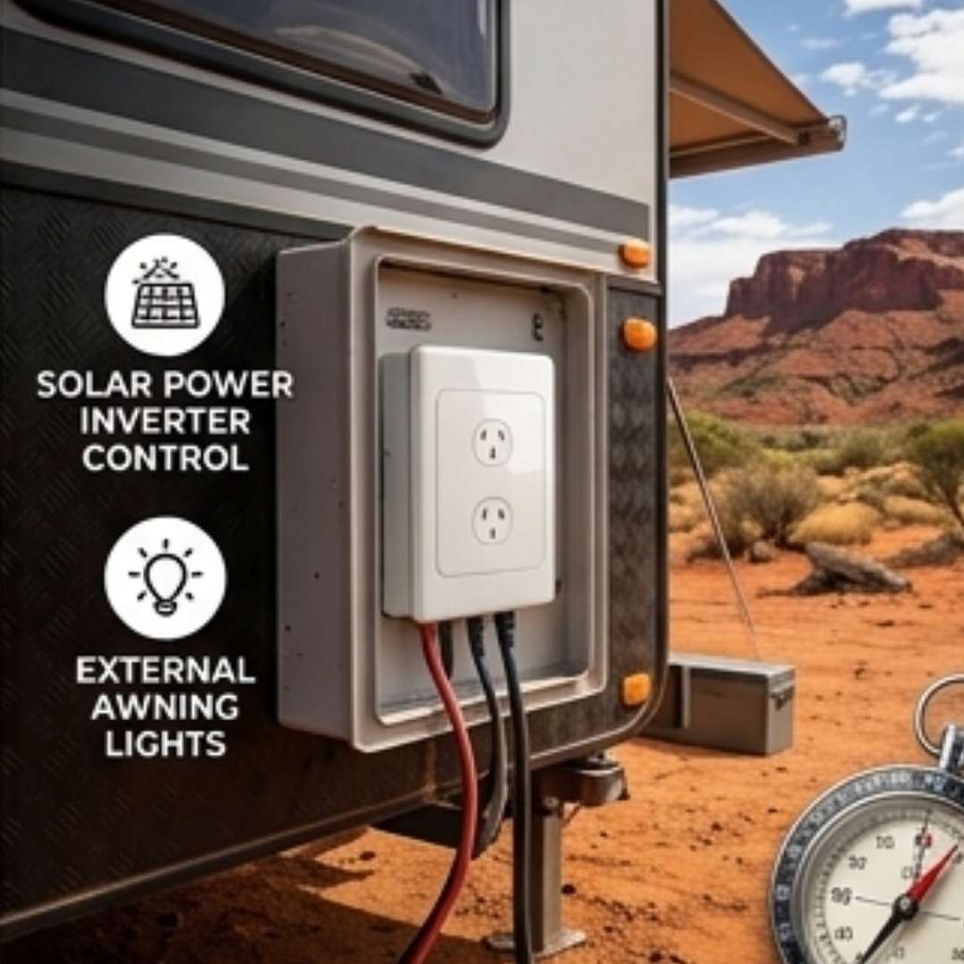 Solar power inverter control panel on an RV with desert landscape in the background