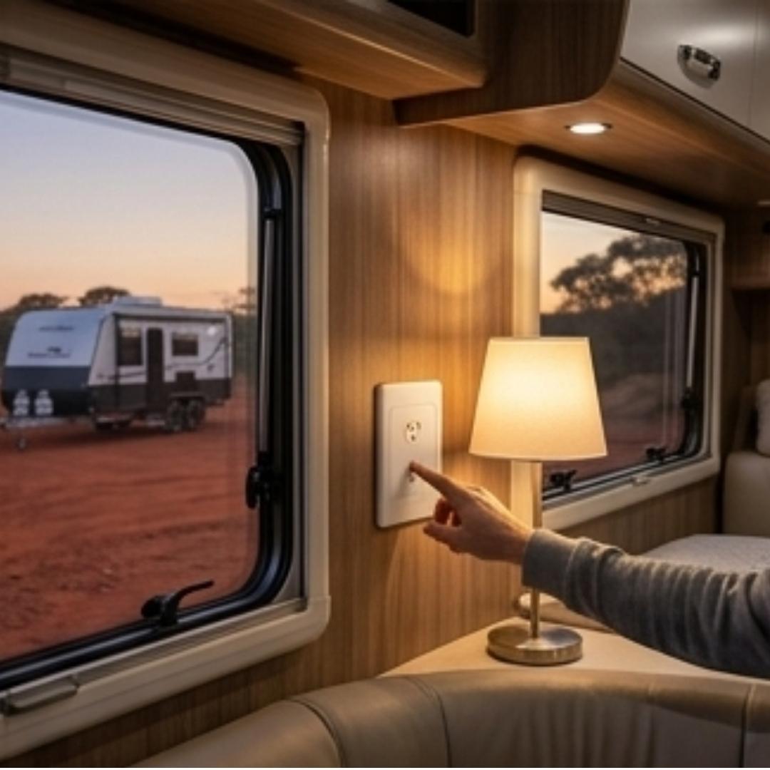 Hand turning on a lamp inside an RV with another RV visible through the window.