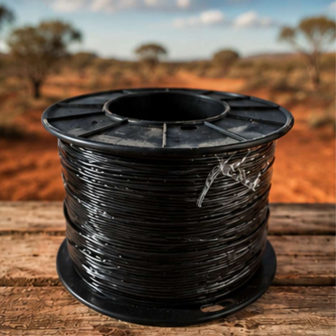Spool of black cable on a wooden surface with a blurred natural landscape in the background