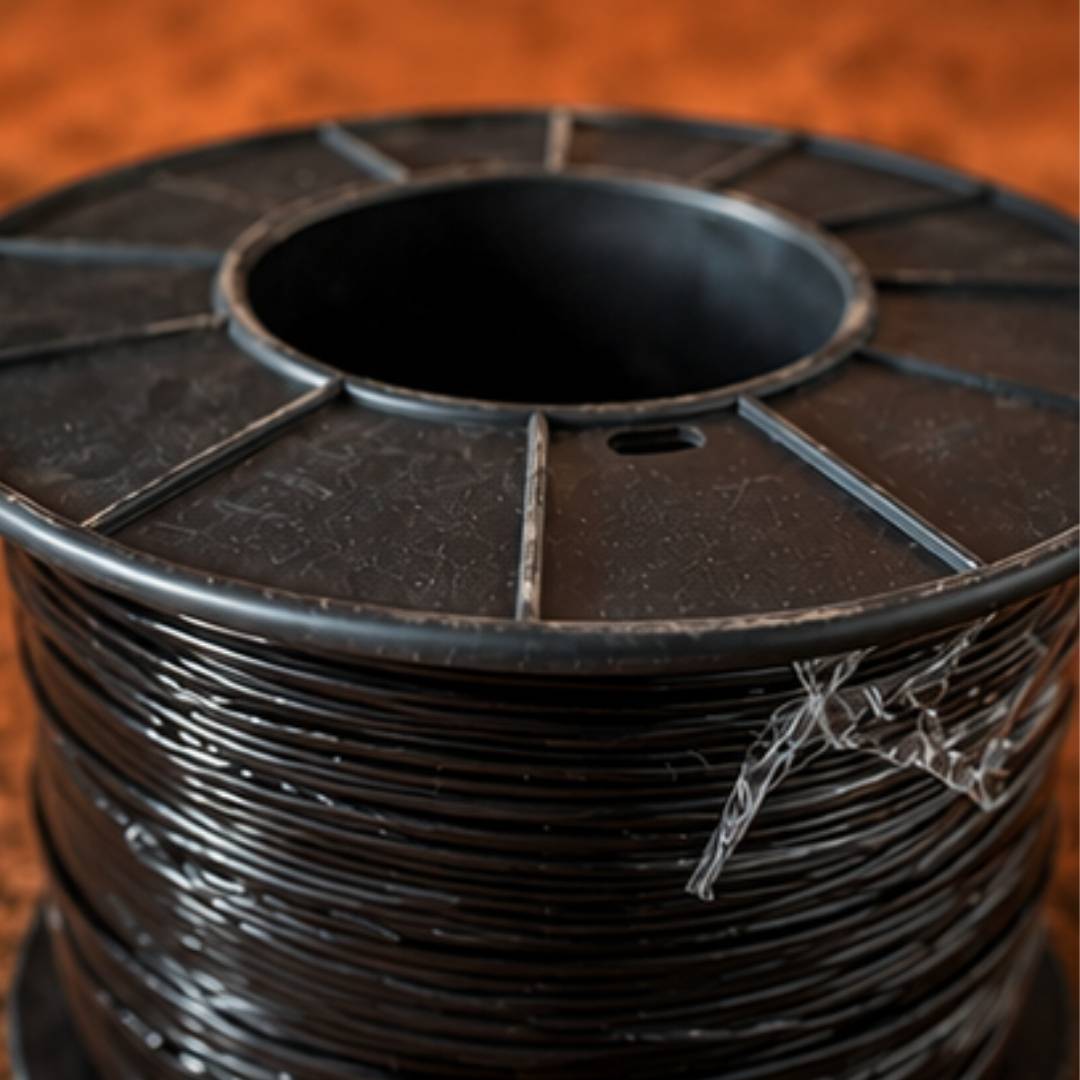 Spool of black wire on a wooden surface