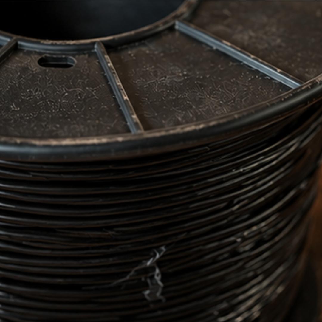 Close-up of a spool of black thread on a dark surface
