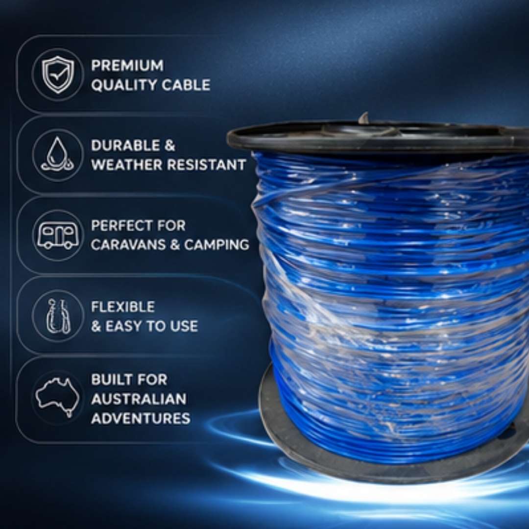Spool of blue cable with features listed on a dark background