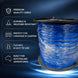 Spool of blue cable with features listed on a dark background