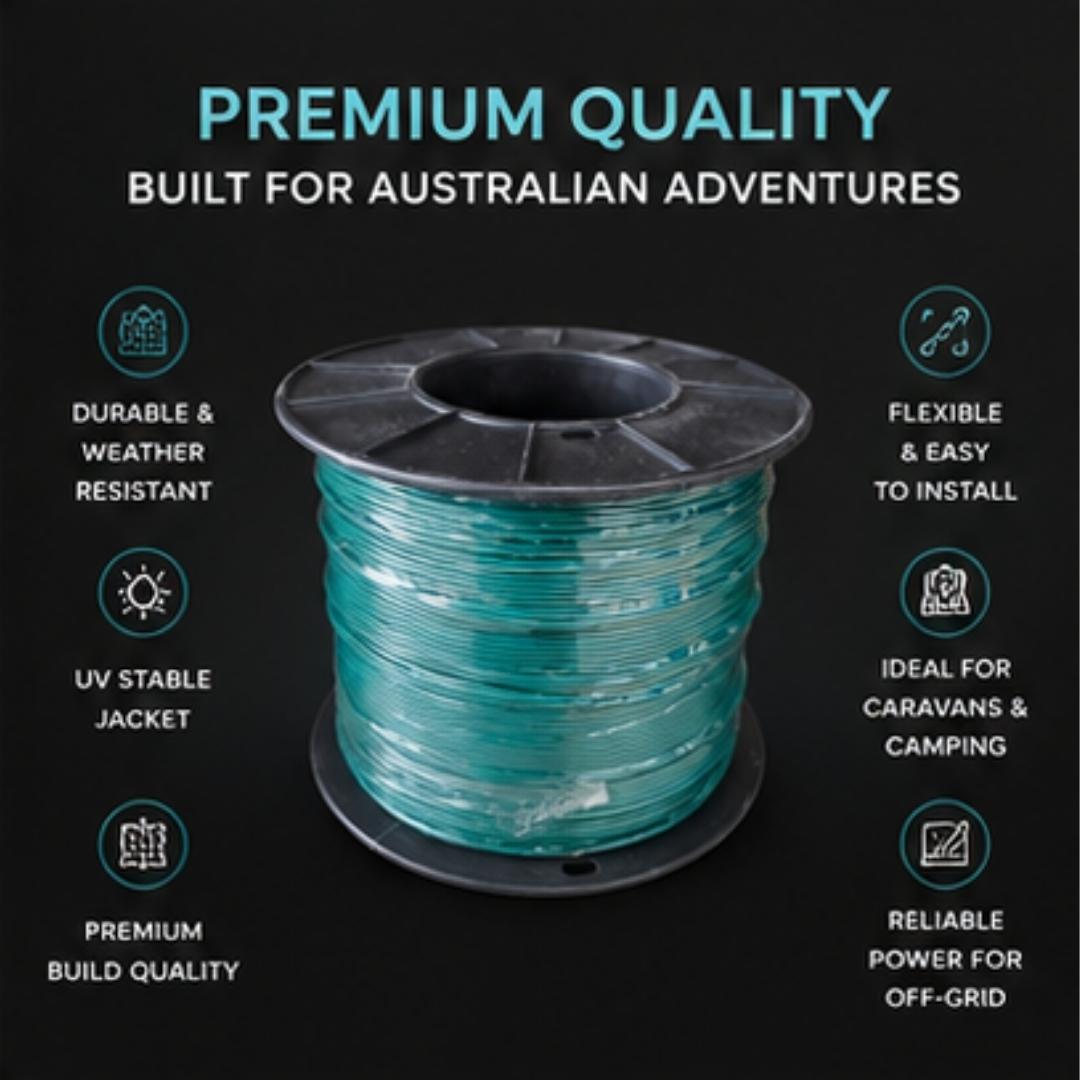 Spool of premium quality cable with features listed on a dark background