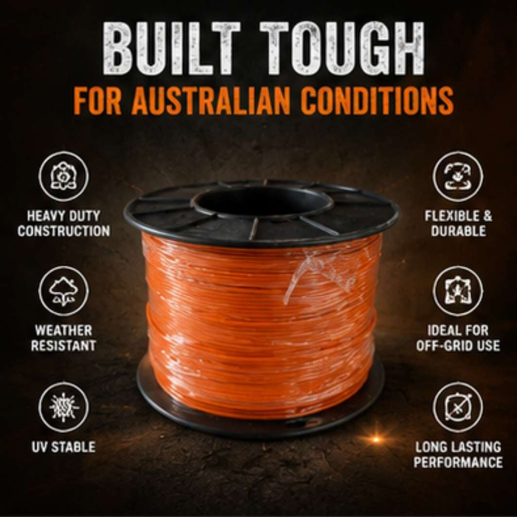 Spool of orange cable with text highlighting features for Australian conditions on a dark background