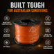 Spool of orange cable with text highlighting features for Australian conditions on a dark background
