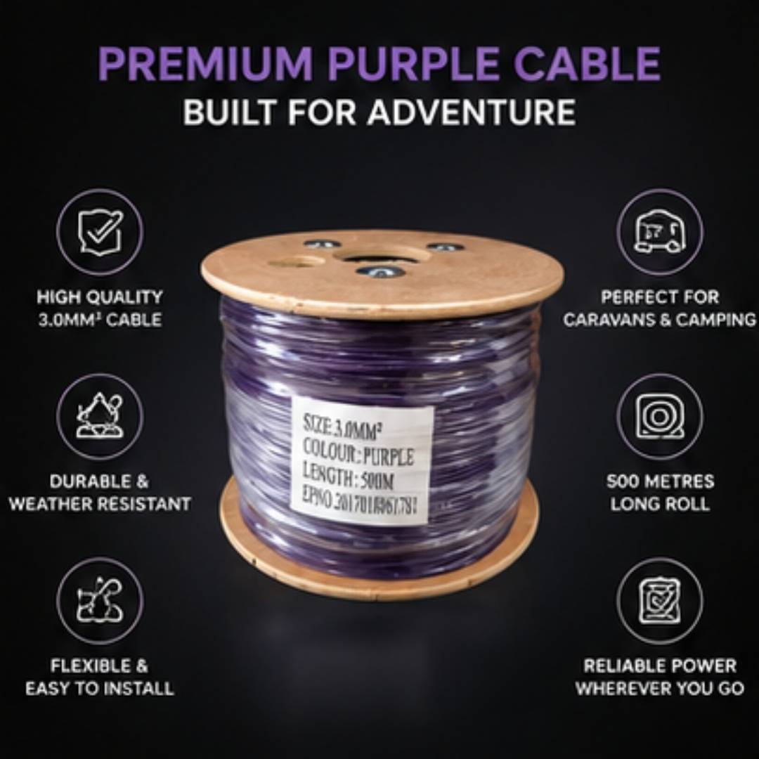 Spool of premium purple cable with features highlighted on a dark background