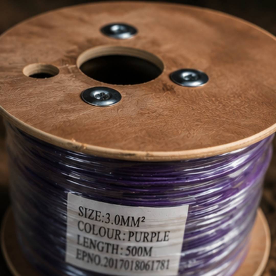 Spool of purple wire with a label on a wooden reel
