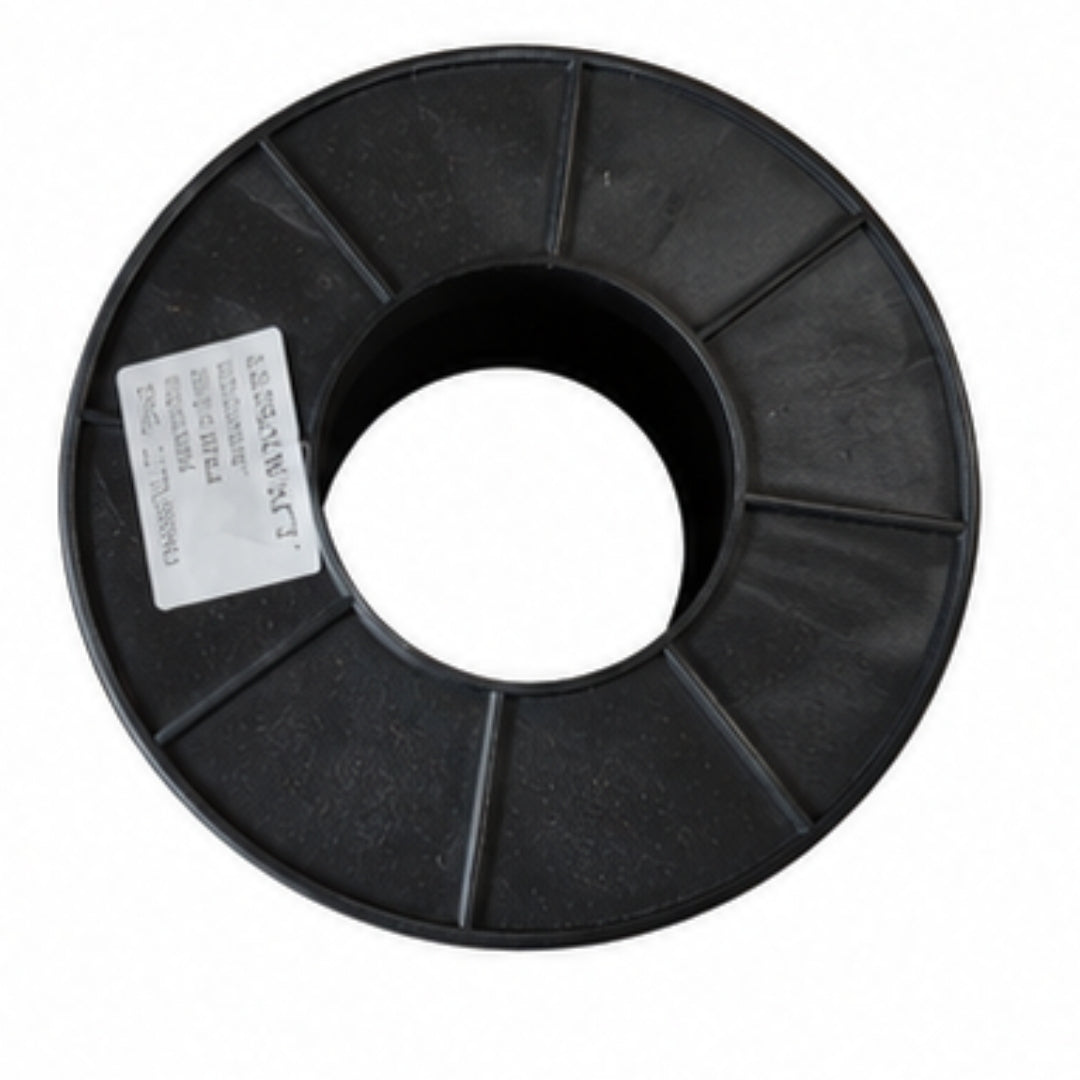 Black plastic spool with a label on a white background