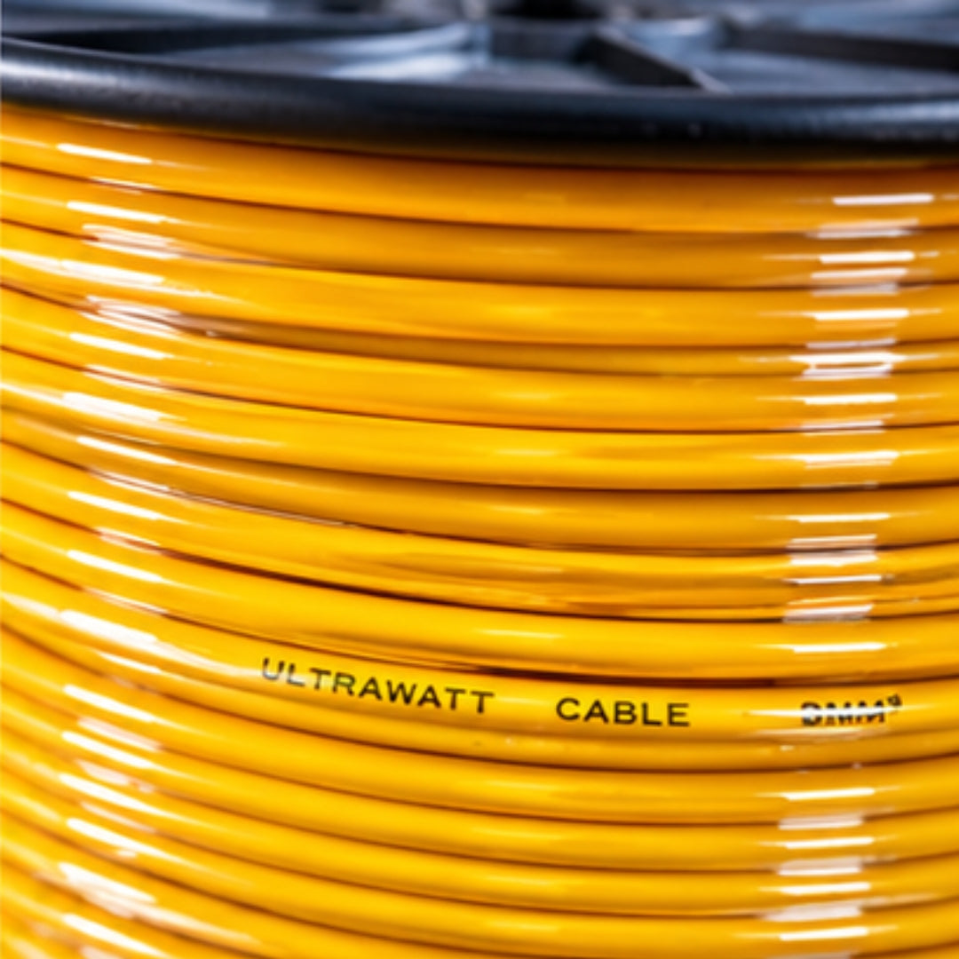 Spool of yellow Ultrawatt cable with visible branding.