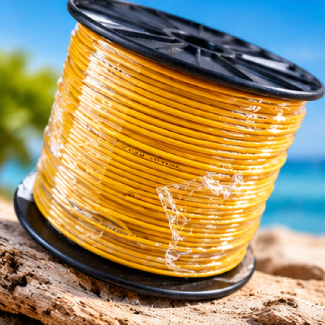 Spool of yellow cable on a wooden surface with a blurred natural background