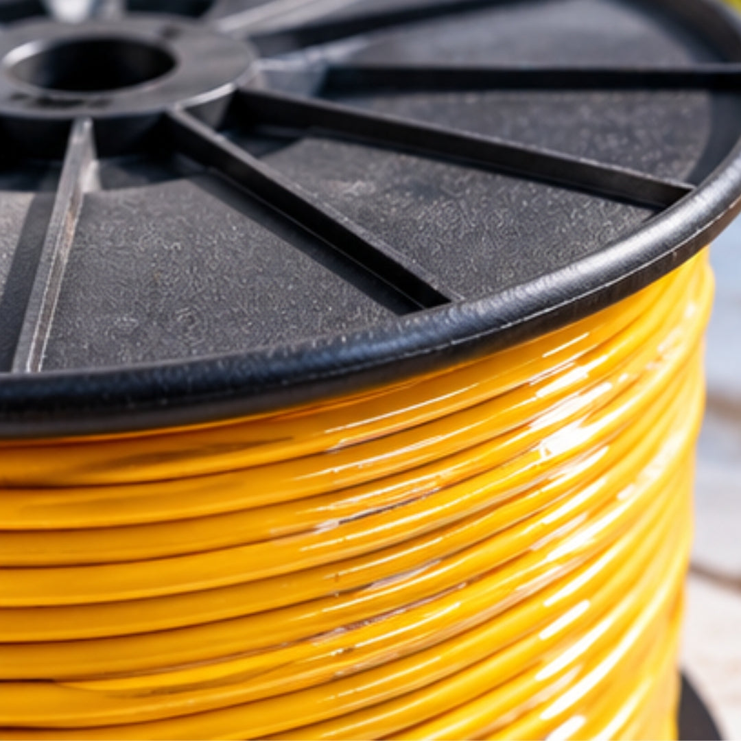 Spool of yellow filament on a black plastic reel