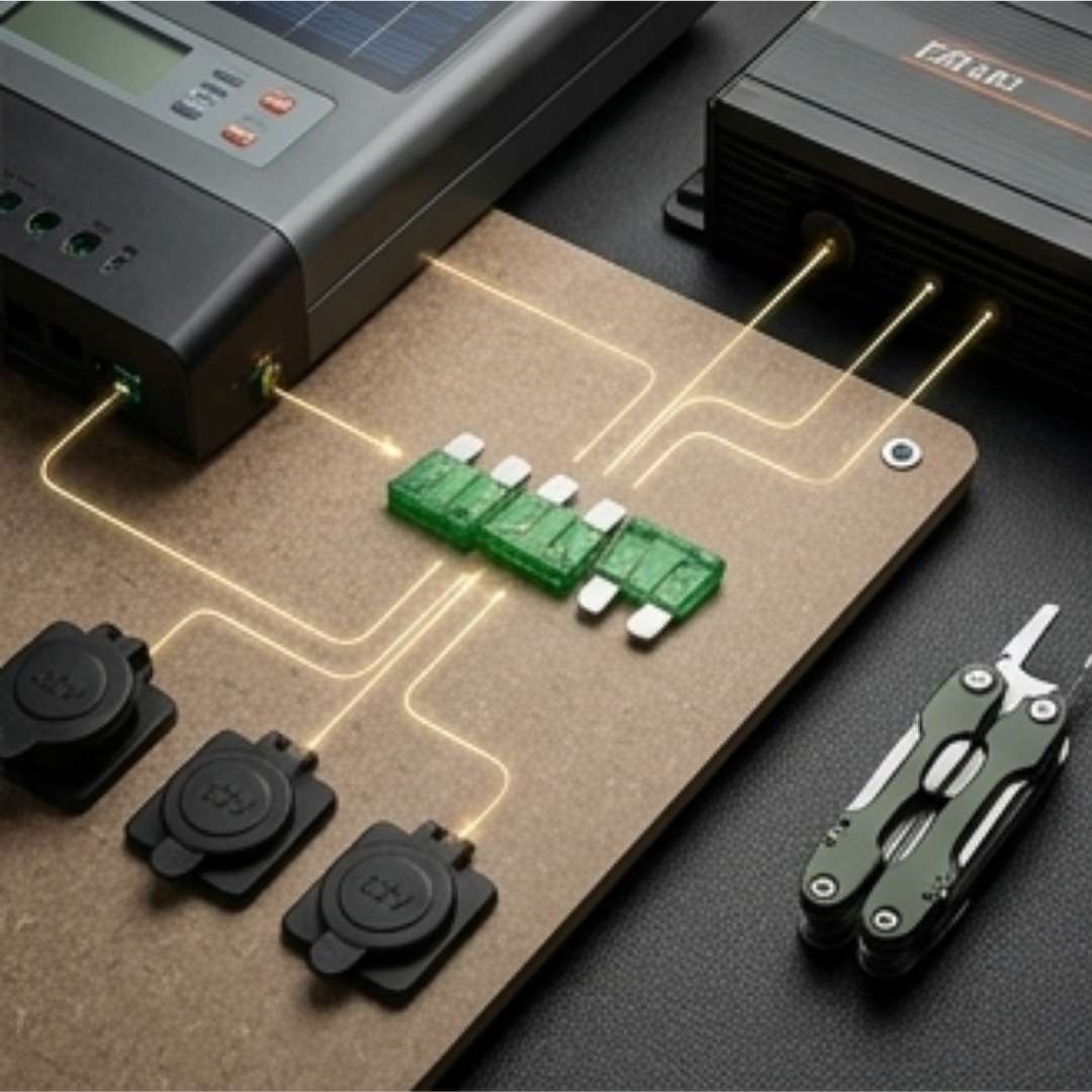 Electronic components on a breadboard with a multimeter and knife in the background